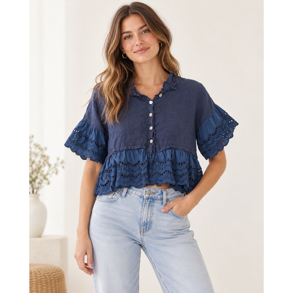 Navy Blue 100% Linen Eyelet Ruffle Button Down Crop Top Made in Italy TG U